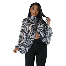 Lade das Bild in den Galerie-Viewer, Irregular Pleated Batwing Sleeve O-Neck Back Bow Printed Chiffon Blouse Shirt Top
