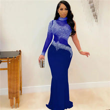 Carregar imagem no visualizador da galeria, Vestido Maxi Bodycon de Festa com Uma Manga, Tule Transparente e Cristais de Strass
