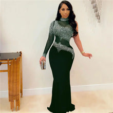 Carregar imagem no visualizador da galeria, Vestido Maxi Bodycon de Festa com Uma Manga, Tule Transparente e Cristais de Strass
