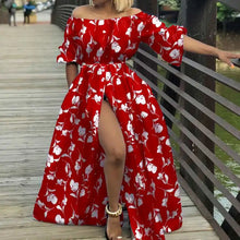 Cargar imagen en el visor de la galería, Floral Print Buttoned High Split Off Shoulder Long Casual Lantern Sleeve Loose Maxi Dress Sundress
