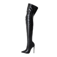 Charger l&#39;image dans la visionneuse de la galerie,Bottes noires sexy au-dessus du genou pour femmes, chaussures à talons hauts, bottes hautes pour cuisses, bottes longues en cuir de printemps, chaussures pour femmes, grande taille 43
