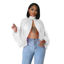 Lade das Bild in den Galerie-Viewer, Irregular Pleated Batwing Sleeve O-Neck Back Bow Printed Chiffon Blouse Shirt Top

