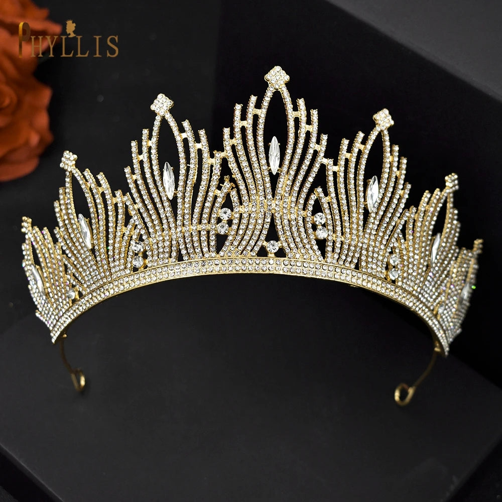 Acessório de cabeça de noiva de luxo Tiara de Diamante de Strass Página de Aniversário Coroa de Casamento Conjunto de Brincos Colar 2 Cores Vários Padrões