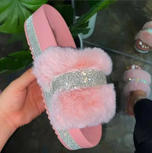 Cargar imagen en el visor de la galería, Fluffy Furry Diamante/Rhinestone Slipper Platform Flat Wedge Sandal Flip-Flop Shoes 6 Colors
