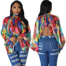 Lade das Bild in den Galerie-Viewer, Irregular Pleated Batwing Sleeve O-Neck Back Bow Printed Chiffon Blouse Shirt Top
