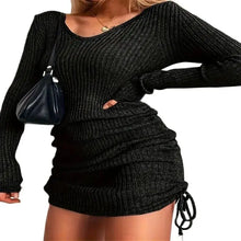 Carica l&#39;immagine nel visualizzatore di Gallery, Vestito Maglione a Maniche Lunghe con Scollo a V, Colore Unito, Coulisse, Attillato, Sopra il Ginocchio, Maglia
