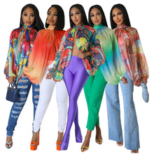 Lade das Bild in den Galerie-Viewer, Irregular Pleated Batwing Sleeve O-Neck Back Bow Printed Chiffon Blouse Shirt Top
