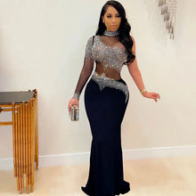 Carregar imagem no visualizador da galeria, Vestido Maxi Bodycon de Festa com Uma Manga, Tule Transparente e Cristais de Strass

