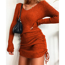 Carica l&#39;immagine nel visualizzatore di Gallery, Vestito Maglione a Maniche Lunghe con Scollo a V, Colore Unito, Coulisse, Attillato, Sopra il Ginocchio, Maglia
