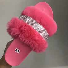 Cargar imagen en el visor de la galería, Fluffy Furry Diamante/Rhinestone Slipper Platform Flat Wedge Sandal Flip-Flop Shoes 6 Colors
