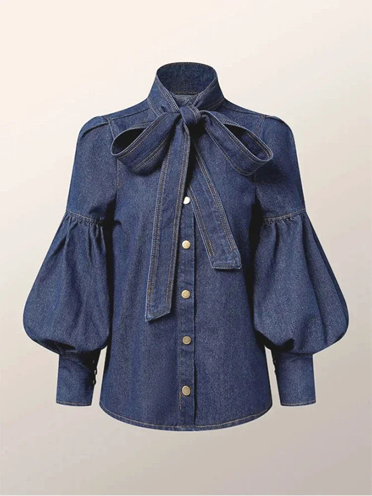 Bow Embellished Lantern Sleeve Elegant Imitation Denim Shirt Blouse Top 4 Different Colors Available