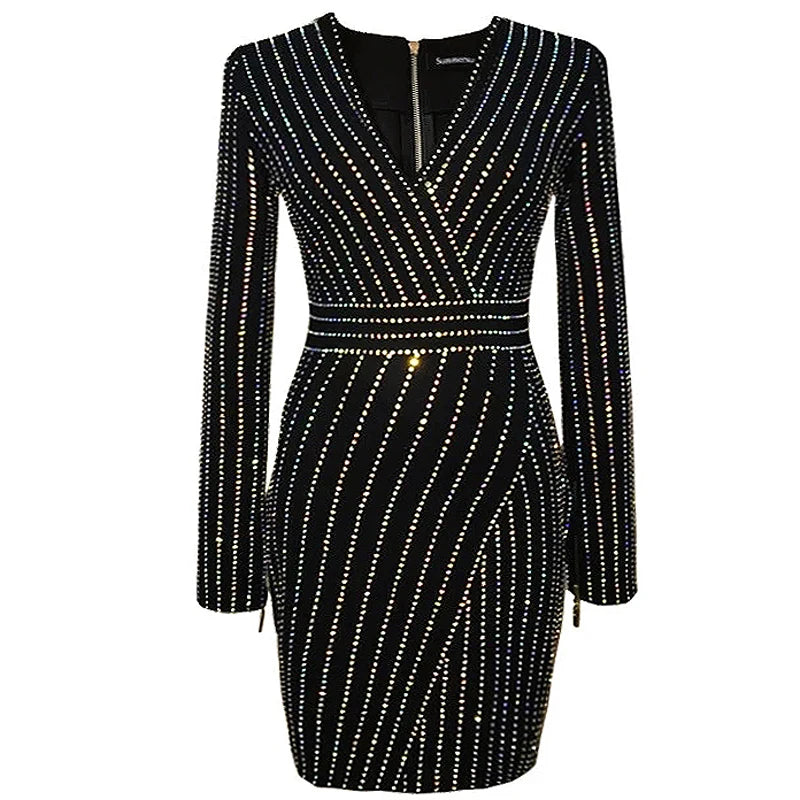 Diamante/Rhinestone Long Sleeve V-Neck Dress