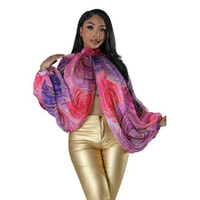 Lade das Bild in den Galerie-Viewer, Irregular Pleated Batwing Sleeve O-Neck Back Bow Printed Chiffon Blouse Shirt Top
