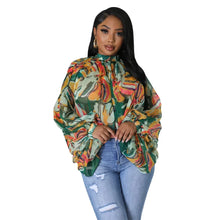 Lade das Bild in den Galerie-Viewer, Irregular Pleated Batwing Sleeve O-Neck Back Bow Printed Chiffon Blouse Shirt Top
