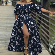 Cargar imagen en el visor de la galería, Floral Print Buttoned High Split Off Shoulder Long Casual Lantern Sleeve Loose Maxi Dress Sundress
