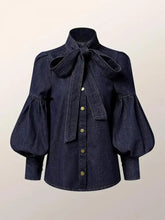 Carregar imagem no visualizador da galeria, Bow Embellished Lantern Sleeve Elegant Imitation Denim Shirt Blouse Top 4 Different Colors Available
