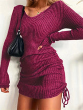 Carica l&#39;immagine nel visualizzatore di Gallery, Vestito Maglione a Maniche Lunghe con Scollo a V, Colore Unito, Coulisse, Attillato, Sopra il Ginocchio, Maglia
