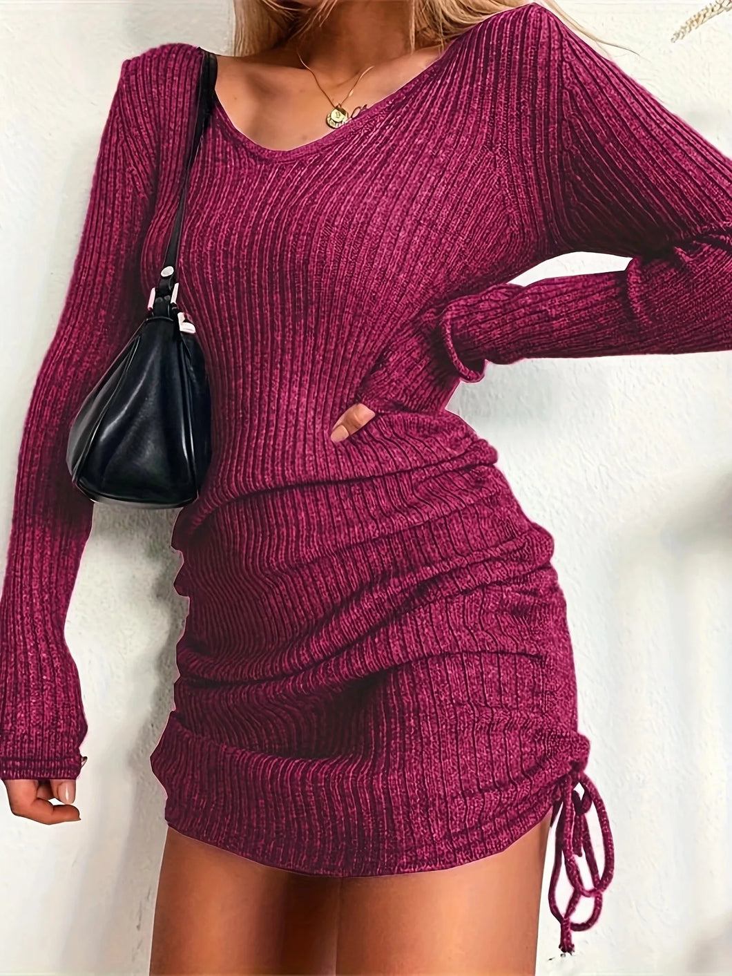 Vestito Maglione a Maniche Lunghe con Scollo a V, Colore Unito, Coulisse, Attillato, Sopra il Ginocchio, Maglia