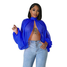Lade das Bild in den Galerie-Viewer, Irregular Pleated Batwing Sleeve O-Neck Back Bow Printed Chiffon Blouse Shirt Top
