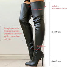 Charger l&#39;image dans la visionneuse de la galerie,Bottes noires sexy au-dessus du genou pour femmes, chaussures à talons hauts, bottes hautes pour cuisses, bottes longues en cuir de printemps, chaussures pour femmes, grande taille 43
