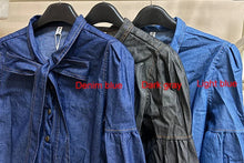 Carregar imagem no visualizador da galeria, Bow Embellished Lantern Sleeve Elegant Imitation Denim Shirt Blouse Top 4 Different Colors Available
