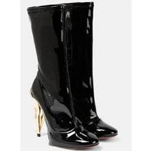 Carregar imagem no visualizador da galeria, Botas de Sapato com Zíper de Bico Redondo em Couro Patente Moderno com Metal Dourado e Super Salto Alto
