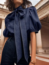 Carregar imagem no visualizador da galeria, Bow Embellished Lantern Sleeve Elegant Imitation Denim Shirt Blouse Top 4 Different Colors Available
