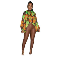 Lade das Bild in den Galerie-Viewer, Irregular Pleated Batwing Sleeve O-Neck Back Bow Printed Chiffon Blouse Shirt Top
