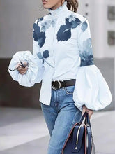 Carregar imagem no visualizador da galeria, Loose Buttoned High-Neck Puff Sleeve Elegant Leaf Printed Blouse Shirt Top
