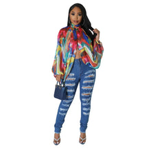 Lade das Bild in den Galerie-Viewer, Irregular Pleated Batwing Sleeve O-Neck Back Bow Printed Chiffon Blouse Shirt Top
