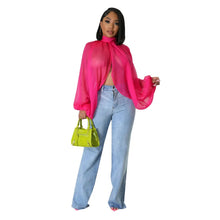 Lade das Bild in den Galerie-Viewer, Irregular Pleated Batwing Sleeve O-Neck Back Bow Printed Chiffon Blouse Shirt Top
