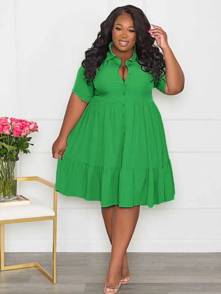 Short Sleeve Ruffle  A-Line Cute Button Solid Shirt Dress 2 Different Colors Available
