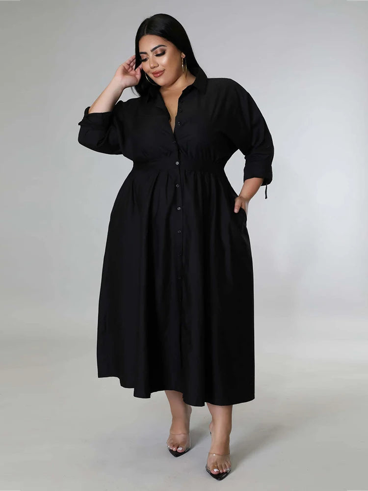 Lapel Collar Long Sleeve Single Breasted Loose Big Swing Maxi Shirt Smock Dress