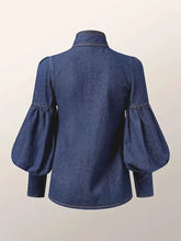 Carregar imagem no visualizador da galeria, Bow Embellished Lantern Sleeve Elegant Imitation Denim Shirt Blouse Top 4 Different Colors Available
