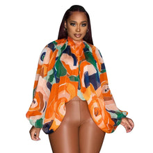Lade das Bild in den Galerie-Viewer, Irregular Pleated Batwing Sleeve O-Neck Back Bow Printed Chiffon Blouse Shirt Top
