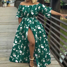 Cargar imagen en el visor de la galería, Floral Print Buttoned High Split Off Shoulder Long Casual Lantern Sleeve Loose Maxi Dress Sundress
