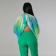 Lade das Bild in den Galerie-Viewer, Irregular Pleated Batwing Sleeve O-Neck Back Bow Printed Chiffon Blouse Shirt Top
