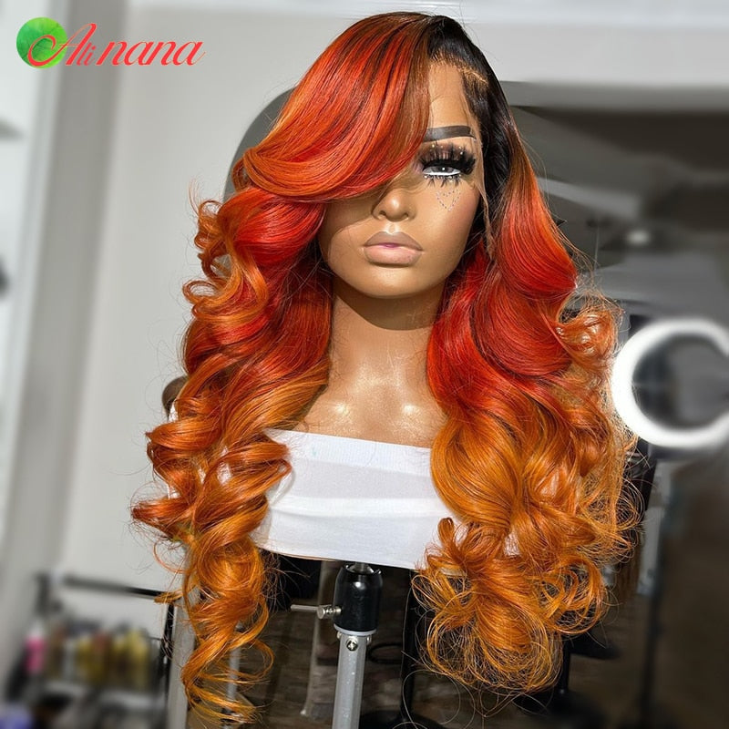 Cabelo humano ondulado peruano em tons de vermelho laranja marrom ombre com frontal de renda transparente pré-arrancada