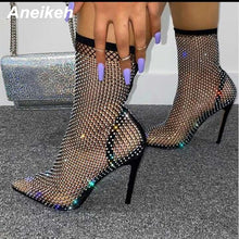 Cargar imagen en el visor de la galería, Aneikeh Bling Bling Rhinestone Mesh Pointed Toe Sandals Ankle Boots Stiletto High Heeled Crystal Mesh Shoes
