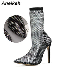 Cargar imagen en el visor de la galería, Aneikeh Bling Bling Rhinestone Mesh Pointed Toe Sandals Ankle Boots Stiletto High Heeled Crystal Mesh Shoes
