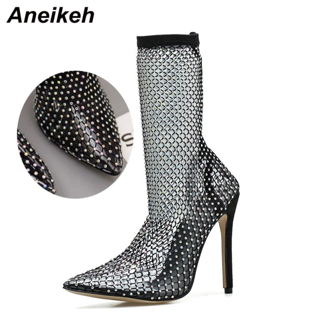 Aneikeh Bling Bling Rhinestone Mesh Pointed Toe Sandals Ankle Boots Stiletto High Heeled Crystal Mesh Shoes