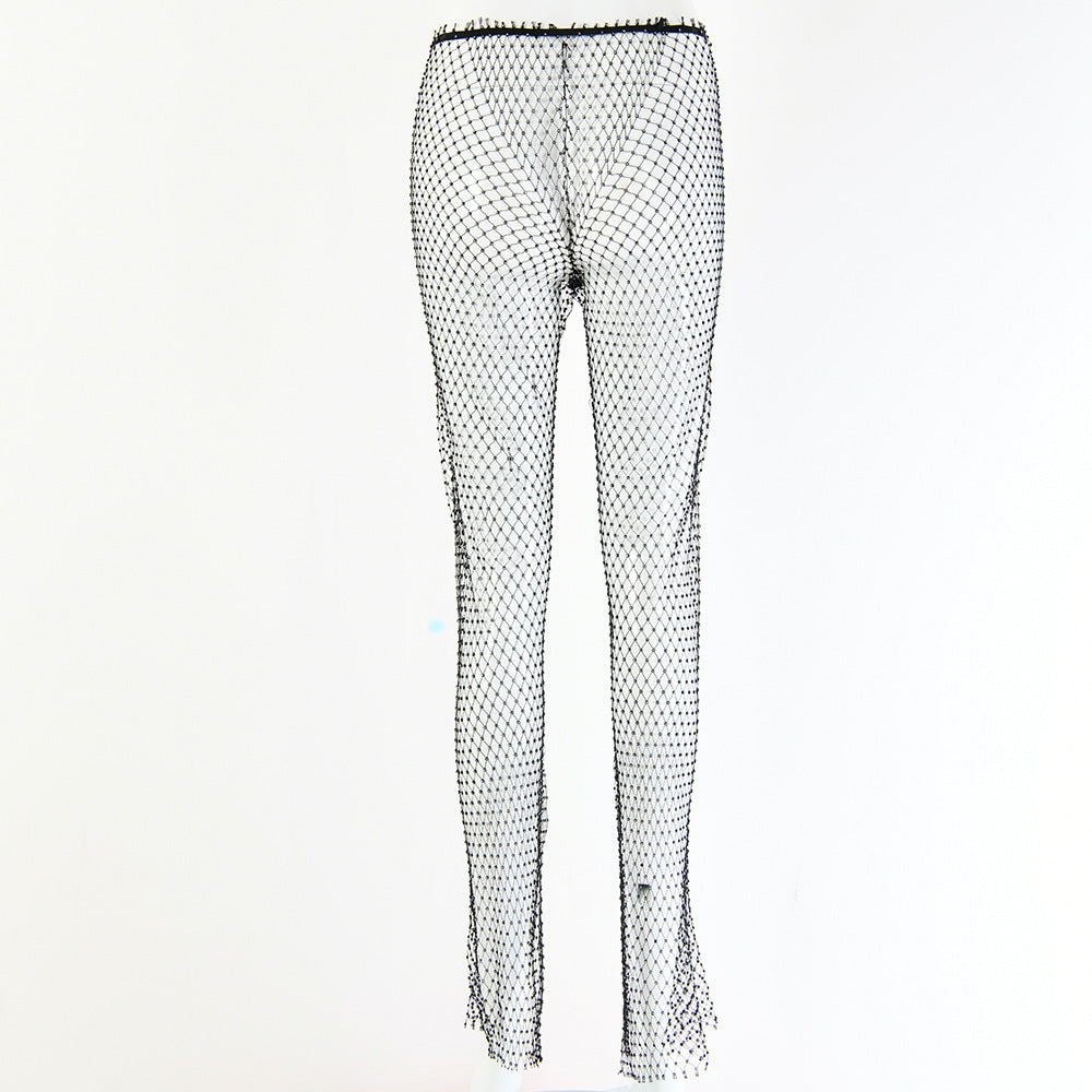 Crystal Diamond Shiny Women Pants Summer New Fashion Hollow Out Fishnet  Wide Leg Trousers Sexy See Through Beach Pant
