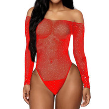 Carregar imagem no visualizador da galeria, OMSJ Body de Malha de Rede de Pesca com Decote Slash de Glitter e Strass Sexy Transparente de Manga Comprida Completa sem Costas para Festa de Clube Ajustado
