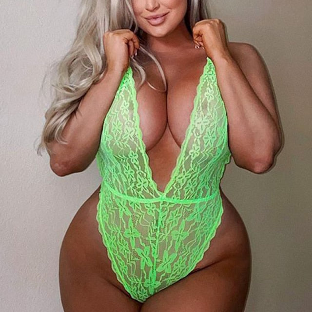 OMSJ Body Plus Size Decote Profundo Body de Renda Alça de Espaguete Transparente Sem Mangas Rompers Sensuais para Mulheres XL-5XL Verde