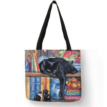 Charger l&#39;image dans la visionneuse de la galerie,Personnaliser Sac Fourre-Tout en Lin Imprimé Peinture à l&#39;Huile Chat Designer Sac de Shopping Réutilisable pour Épiceries Sacs à Épaule
