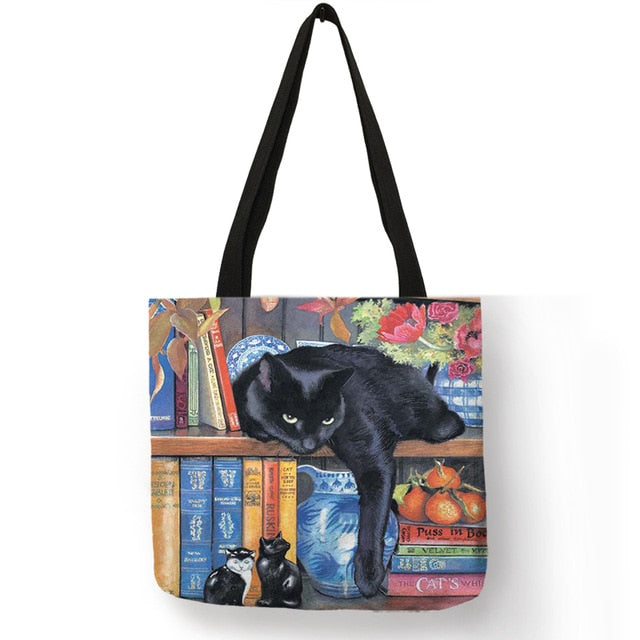 Personnaliser Sac Fourre-Tout en Lin Imprimé Peinture à l'Huile Chat Designer Sac de Shopping Réutilisable pour Épiceries Sacs à Épaule