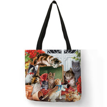 Charger l&#39;image dans la visionneuse de la galerie,Personnaliser Sac Fourre-Tout en Lin Imprimé Peinture à l&#39;Huile Chat Designer Sac de Shopping Réutilisable pour Épiceries Sacs à Épaule
