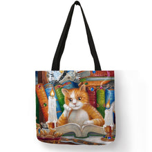 Charger l&#39;image dans la visionneuse de la galerie,Personnaliser Sac Fourre-Tout en Lin Imprimé Peinture à l&#39;Huile Chat Designer Sac de Shopping Réutilisable pour Épiceries Sacs à Épaule
