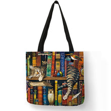 Charger l&#39;image dans la visionneuse de la galerie,Personnaliser Sac Fourre-Tout en Lin Imprimé Peinture à l&#39;Huile Chat Designer Sac de Shopping Réutilisable pour Épiceries Sacs à Épaule
