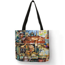 Charger l&#39;image dans la visionneuse de la galerie,Personnaliser Sac Fourre-Tout en Lin Imprimé Peinture à l&#39;Huile Chat Designer Sac de Shopping Réutilisable pour Épiceries Sacs à Épaule
